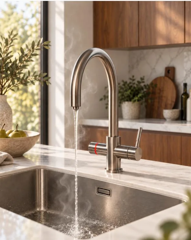 Agua saliendo del grifo en una cocina
